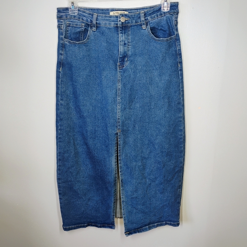 Love Cult Jean Midi Skirt Womens Large Blue Denim Front Slit Stretch Fall Casual